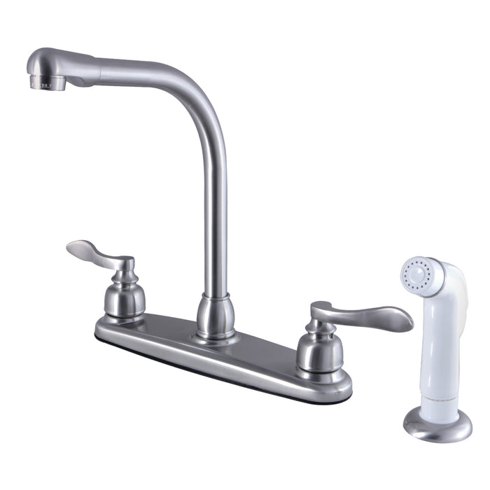 NuWave French FB718NFL Two-Handle 4-Hole Deck Mount 8" Centerset Kitchen Faucet with Side Sprayer, Brushed Nickel