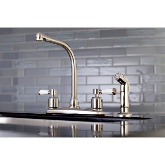 Paris FB758DPLSP Two-Handle 4-Hole Deck Mount 8" Centerset Kitchen Faucet with Side Sprayer, Brushed Nickel
