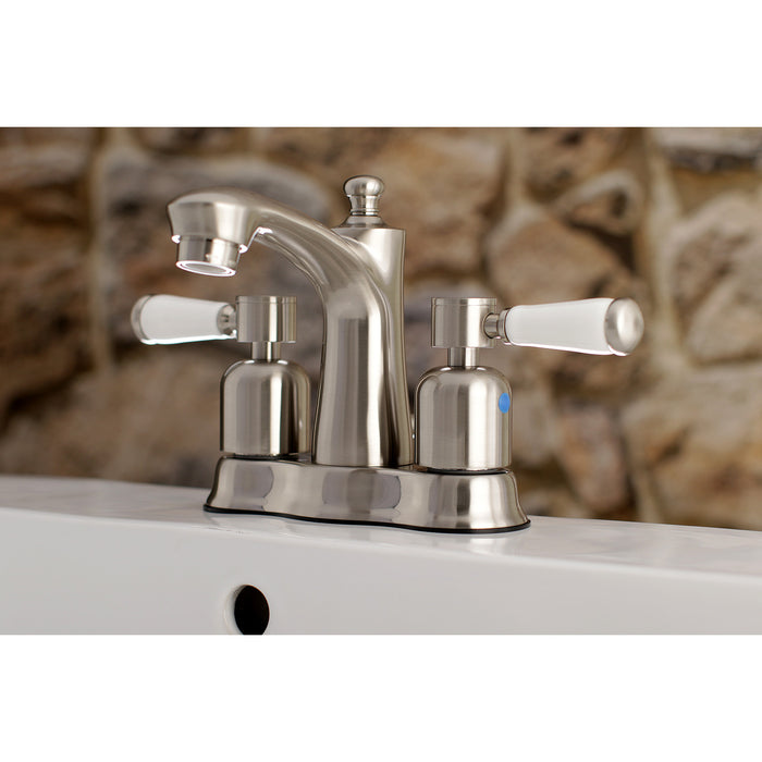 Paris FB7618DPL Two-Handle 3-Hole Deck Mount 4" Centerset Bathroom Faucet with Plastic Pop-Up, Brushed Nickel