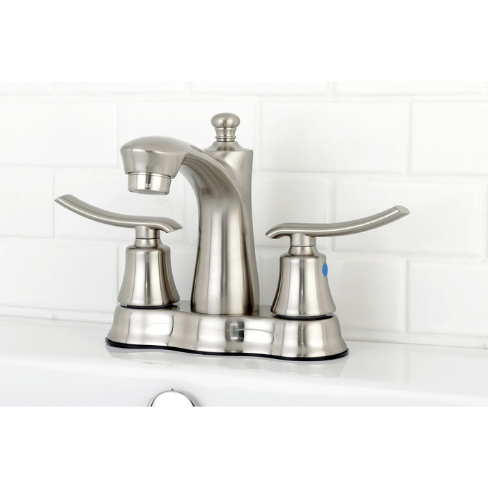 Jamestown FB7618JL Two-Handle 3-Hole Deck Mount 4" Centerset Bathroom Faucet with Plastic Pop-Up, Brushed Nickel