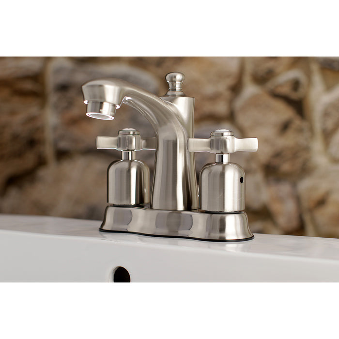 Millennium FB7618ZX Two-Handle 3-Hole Deck Mount 4" Centerset Bathroom Faucet with Plastic Pop-Up, Brushed Nickel