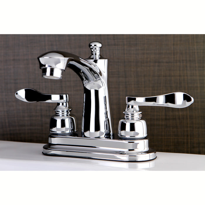 NuWave French FB7621NFL Two-Handle 3-Hole Deck Mount 4" Centerset Bathroom Faucet with Plastic Pop-Up, Polished Chrome