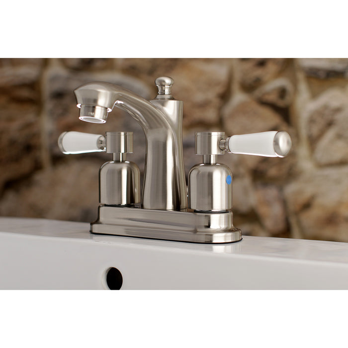 Paris FB7628DPL Two-Handle 3-Hole Deck Mount 4" Centerset Bathroom Faucet with Plastic Pop-Up, Brushed Nickel