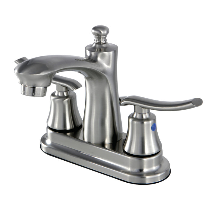 Jamestown FB7628JL Two-Handle 3-Hole Deck Mount 4" Centerset Bathroom Faucet with Plastic Pop-Up, Brushed Nickel