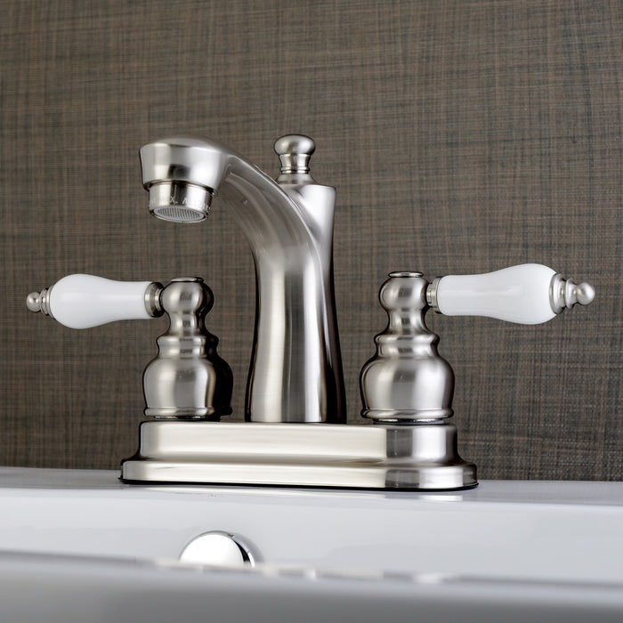 Victorian FB7628PL Two-Handle 3-Hole Deck Mount 4" Centerset Bathroom Faucet with Plastic Pop-Up, Brushed Nickel
