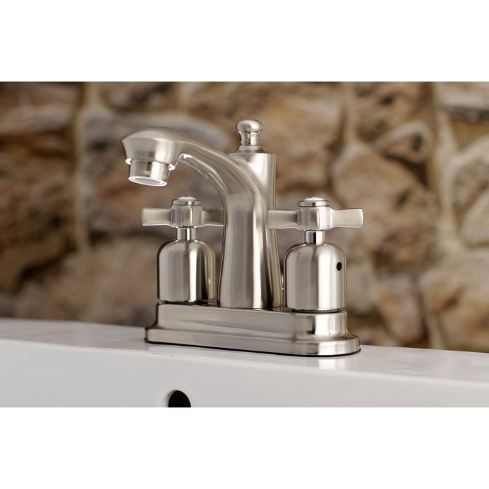 Millennium FB7628ZX Two-Handle 3-Hole Deck Mount 4" Centerset Bathroom Faucet with Plastic Pop-Up, Brushed Nickel