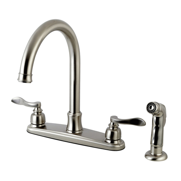 NuWave French FB7798NFLSP Two-Handle 4-Hole Deck Mount 8" Centerset Kitchen Faucet with Side Sprayer, Brushed Nickel