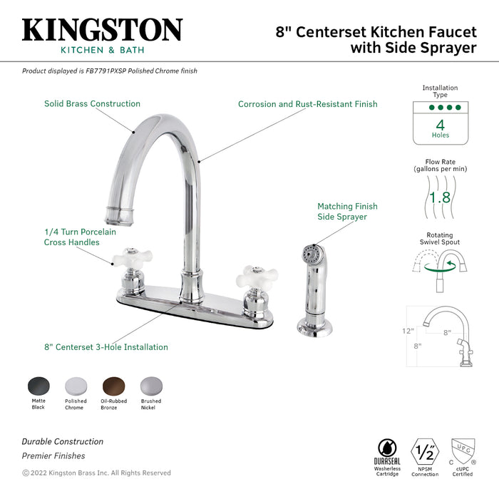 Kingston Tulare FB7798PXSP - Victorian Two-Handle 4-Hole 8" Centerset Kitchen Faucet with Side Sprayer, Brushed Nickel