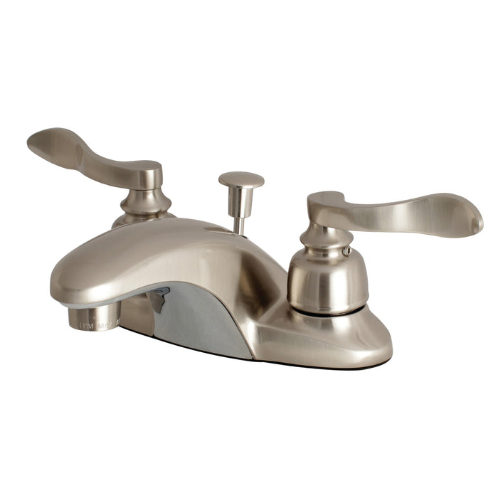 NuWave French FB8628NFL Two-Handle 3-Hole Deck Mount 4" Centerset Bathroom Faucet with Plastic Pop-Up, Brushed Nickel