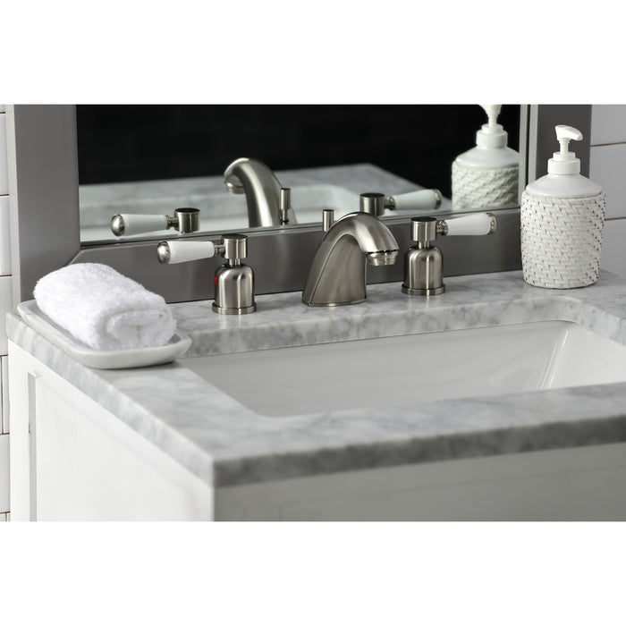 Paris FB8958DPL Two-Handle 3-Hole Deck Mount Widespread Bathroom Faucet with Plastic Pop-Up, Brushed Nickel