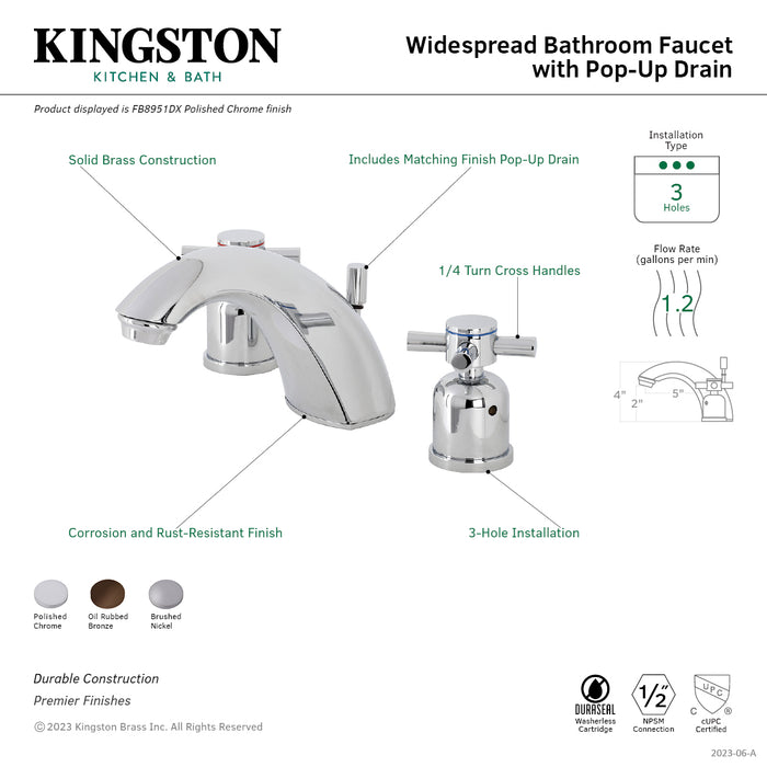 Kingston Tulare FB8958DX - Concord Two-Handle 3-Hole Deck Mount Widespread Bathroom Faucet with Pop-Up Drain, Brushed Nickel