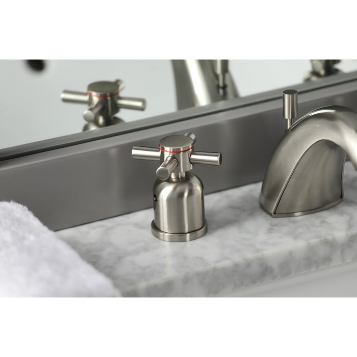 Kingston Tulare FB8958DX - Concord Two-Handle 3-Hole Deck Mount Widespread Bathroom Faucet with Pop-Up Drain, Brushed Nickel