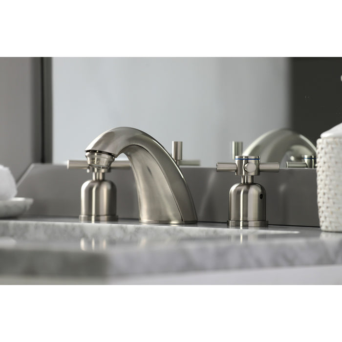 Kingston Tulare FB8958DX - Concord Two-Handle 3-Hole Deck Mount Widespread Bathroom Faucet with Pop-Up Drain, Brushed Nickel
