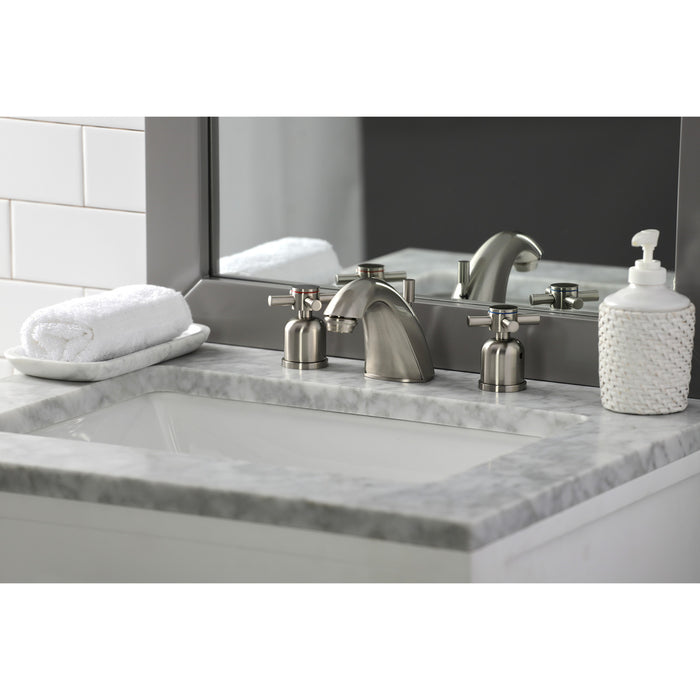 Kingston Tulare FB8958DX - Concord Two-Handle 3-Hole Deck Mount Widespread Bathroom Faucet with Pop-Up Drain, Brushed Nickel