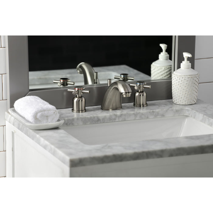 Kingston Tulare FB8958DX - Concord Two-Handle 3-Hole Deck Mount Widespread Bathroom Faucet with Pop-Up Drain, Brushed Nickel
