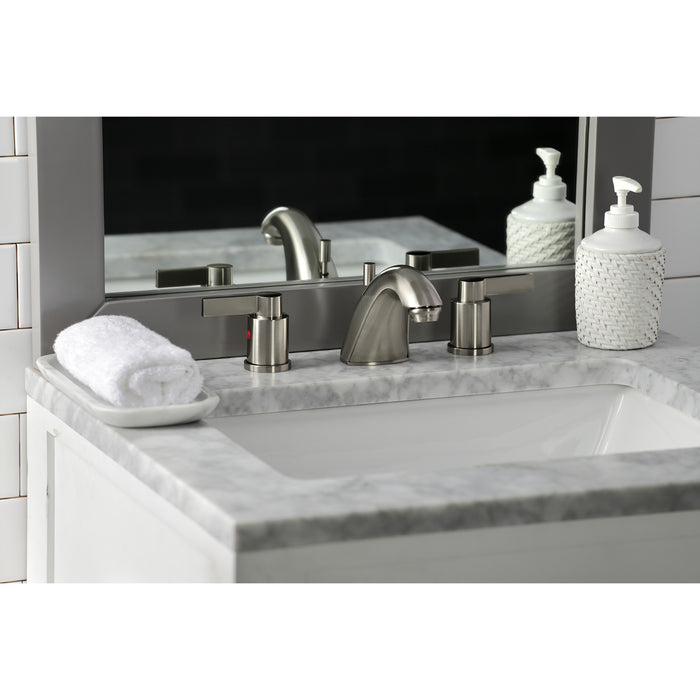 NuvoFusion FB8958NDL Two-Handle 3-Hole Deck Mount Widespread Bathroom Faucet with Plastic Pop-Up, Brushed Nickel