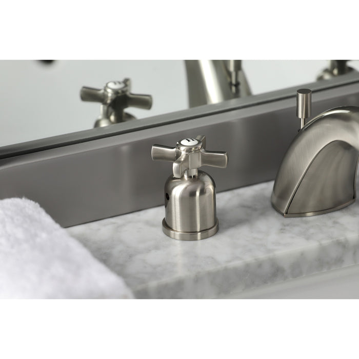 Kingston Tulare FB8958ZX - Millennium Two-Handle 3-Hole Deck Mount Widespread Bathroom Faucet with Pop-Up Drain, Brushed Nickel