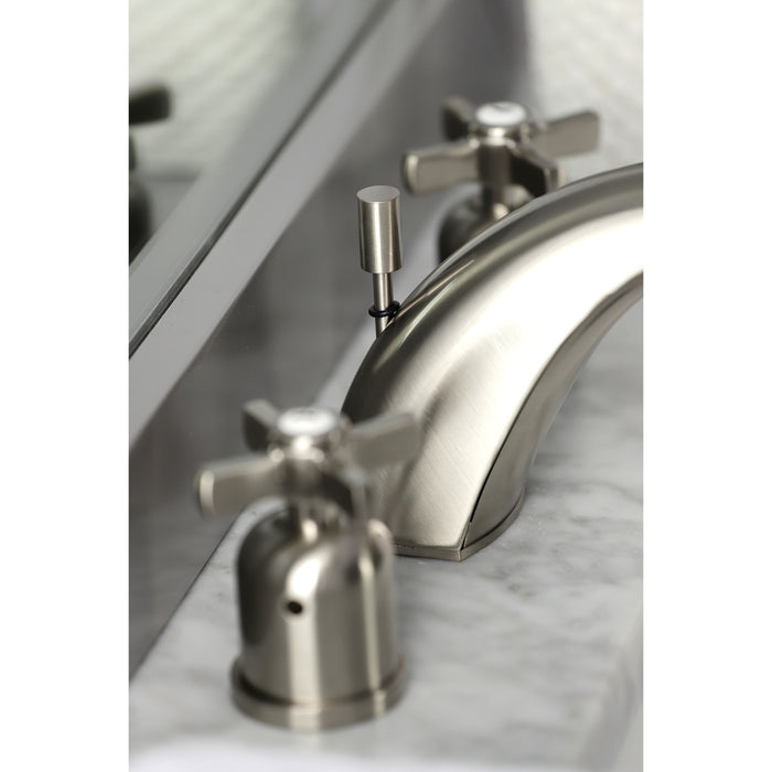 Kingston Tulare FB8958ZX - Millennium Two-Handle 3-Hole Deck Mount Widespread Bathroom Faucet with Pop-Up Drain, Brushed Nickel