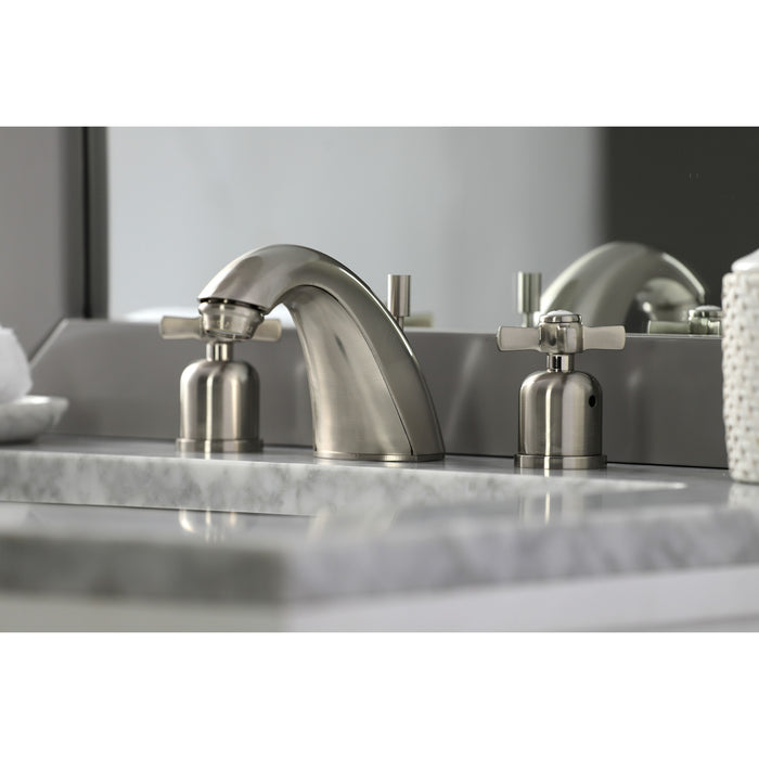Kingston Tulare FB8958ZX - Millennium Two-Handle 3-Hole Deck Mount Widespread Bathroom Faucet with Pop-Up Drain, Brushed Nickel