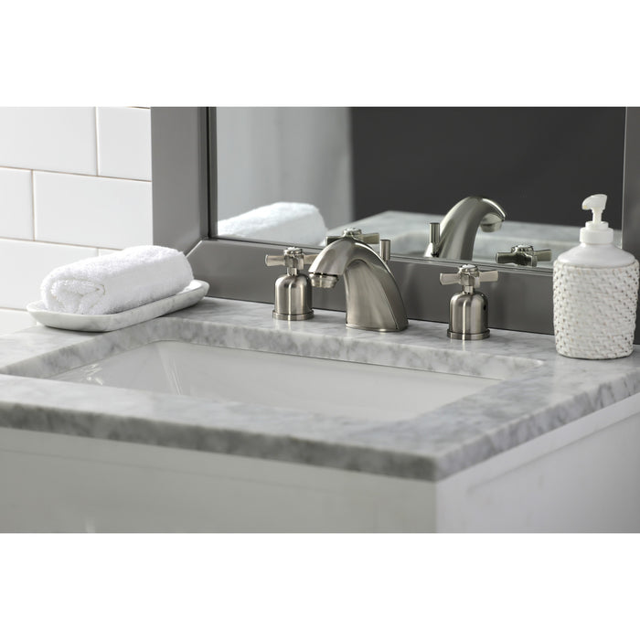 Kingston Tulare FB8958ZX - Millennium Two-Handle 3-Hole Deck Mount Widespread Bathroom Faucet with Pop-Up Drain, Brushed Nickel