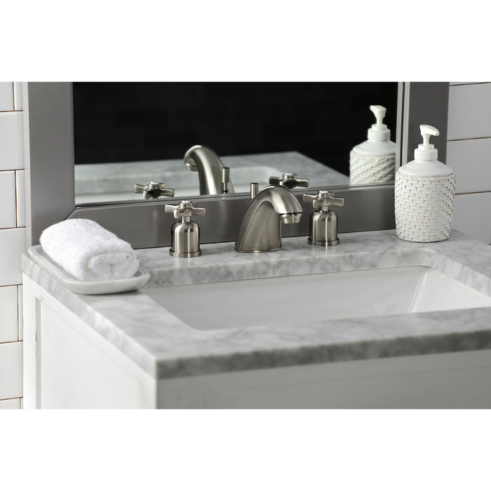 Kingston Tulare FB8958ZX - Millennium Two-Handle 3-Hole Deck Mount Widespread Bathroom Faucet with Pop-Up Drain, Brushed Nickel