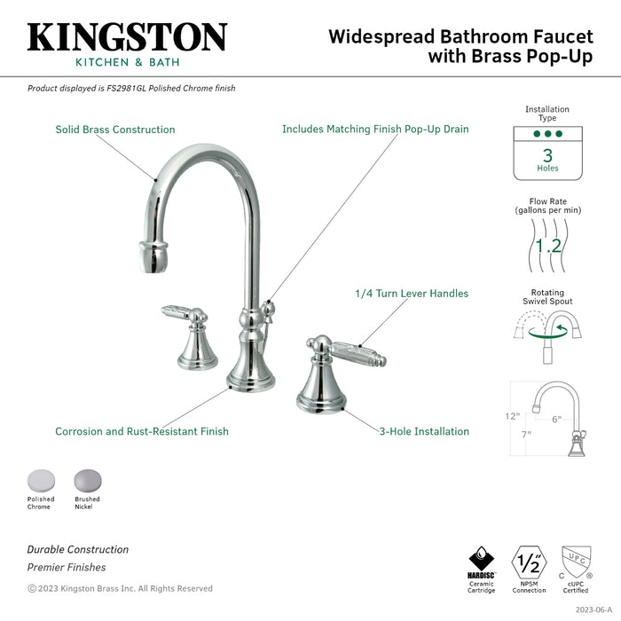 Georgian FS2988GL Two-Handle 3-Hole Deck Mount Widespread Bathroom Faucet with Brass Pop-Up, Brushed Nickel