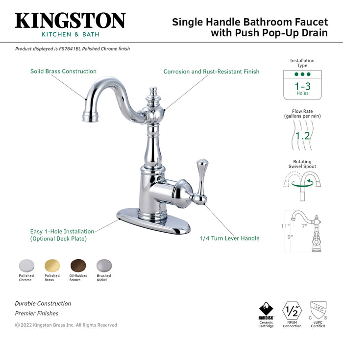 English Vintage FS7648BL Single-Handle 1-Hole Deck Mount Bathroom Faucet with Push Pop-Up, Brushed Nickel