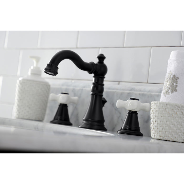 Kingston Heirloom FSC1970APX - American Classic Two-Handle 3-Hole Deck Mount Widespread Bathroom Faucet with Brass Pop-Up, Matte Black