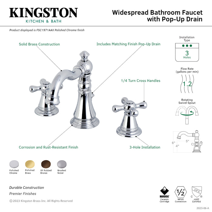 American Classic FSC1971AAX Two-Handle 3-Hole Deck Mount Widespread Bathroom Faucet with Pop-Up Drain, Polished Chrome