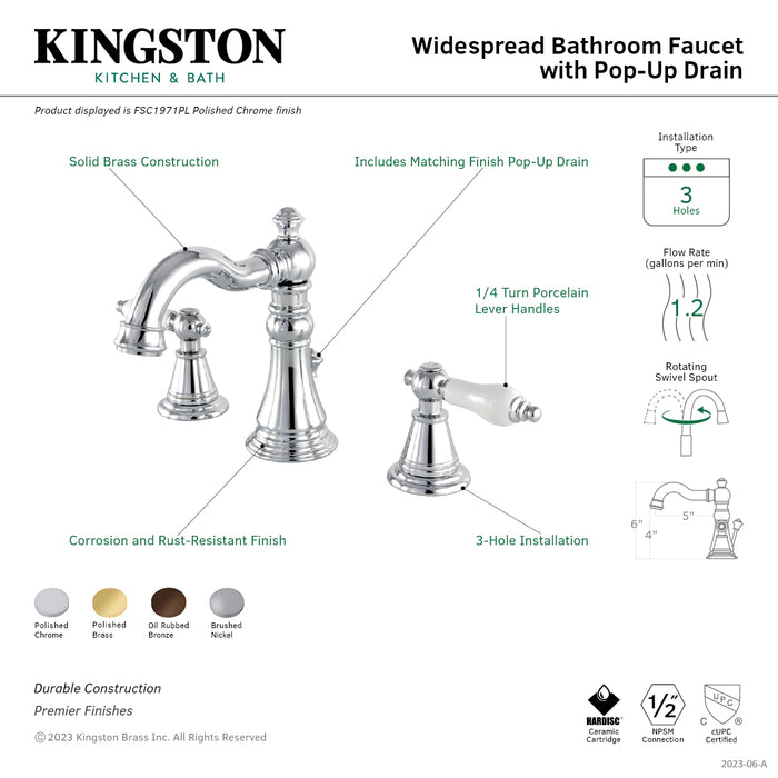English Classic FSC1971PL Two-Handle 3-Hole Deck Mount Widespread Bathroom Faucet with Pop-Up Drain, Polished Chrome