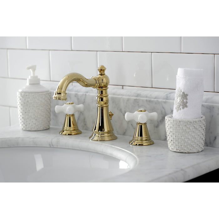 Kingston Heirloom FSC1972APX - American Classic Two-Handle 3-Hole Deck Mount Widespread Bathroom Faucet with Pop-Up Drain, Polished Brass