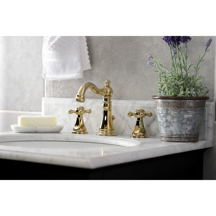Kingston Heirloom FSC1972BX - Metropolitan Two-Handle 3-Hole Deck Mount Widespread Bathroom Faucet with Pop-Up Drain, Polished Brass