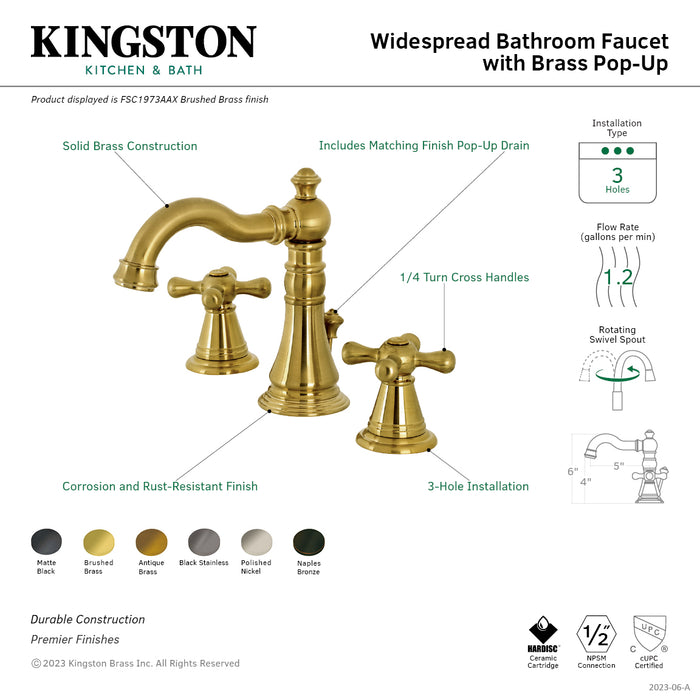 Kingston Heirloom FSC19733AAX - American Classic Two-Handle 3-Hole Deck Mount Widespread Bathroom Faucet with Brass Pop-Up, Antique Brass