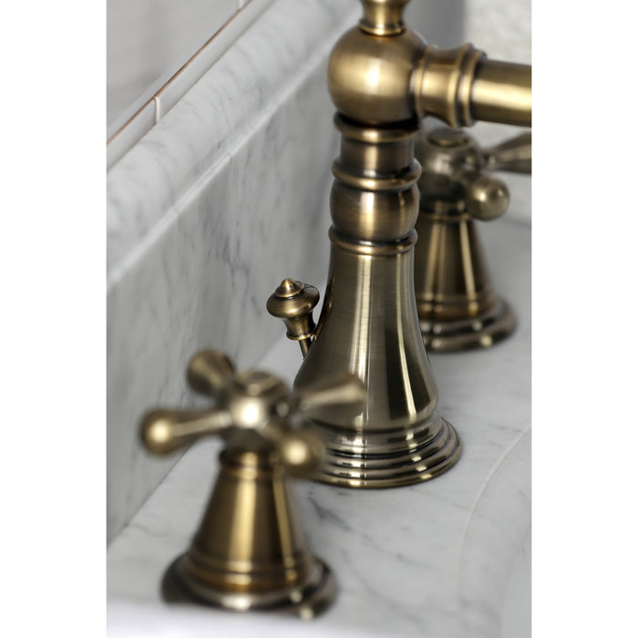 Kingston Heirloom FSC19733AAX - American Classic Two-Handle 3-Hole Deck Mount Widespread Bathroom Faucet with Brass Pop-Up, Antique Brass