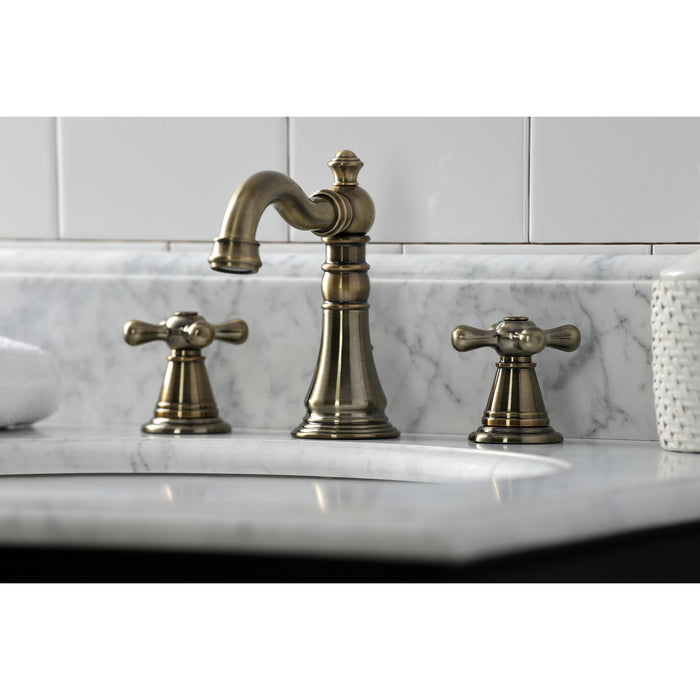 Kingston Heirloom FSC19733AAX - American Classic Two-Handle 3-Hole Deck Mount Widespread Bathroom Faucet with Brass Pop-Up, Antique Brass