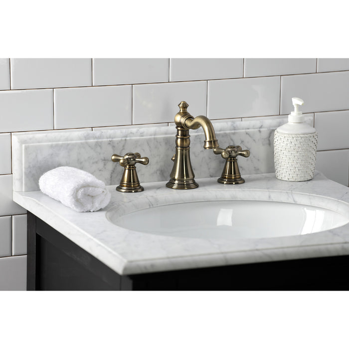 Kingston Heirloom FSC19733AAX - American Classic Two-Handle 3-Hole Deck Mount Widespread Bathroom Faucet with Brass Pop-Up, Antique Brass