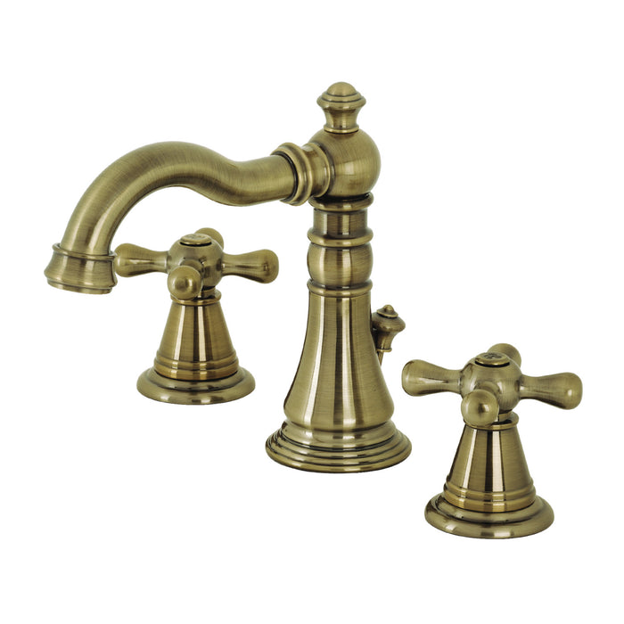Kingston Heirloom FSC19733AAX - American Classic Two-Handle 3-Hole Deck Mount Widespread Bathroom Faucet with Brass Pop-Up, Antique Brass