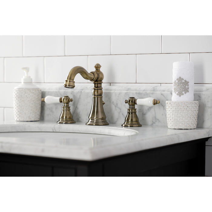 American Patriot FSC19733APL Two-Handle 3-Hole Deck Mount Widespread Bathroom Faucet with Brass Pop-Up, Antique Brass