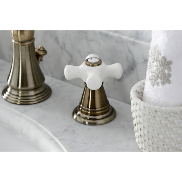 Kingston Heirloom FSC19733APX - American Classic Two-Handle 3-Hole Deck Mount Widespread Bathroom Faucet with Brass Pop-Up, Antique Brass
