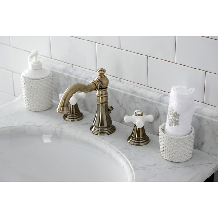 Kingston Heirloom FSC19733APX - American Classic Two-Handle 3-Hole Deck Mount Widespread Bathroom Faucet with Brass Pop-Up, Antique Brass