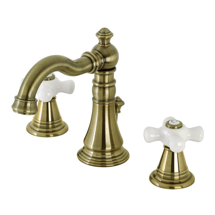 Kingston Heirloom FSC19733APX - American Classic Two-Handle 3-Hole Deck Mount Widespread Bathroom Faucet with Brass Pop-Up, Antique Brass