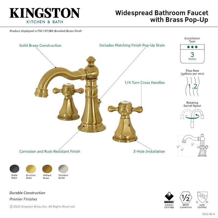 Kingston Heirloom FSC19733BX - Metropolitan Two-Handle 3-Hole Deck Mount Widespread Bathroom Faucet with Brass Pop-Up, Antique Brass
