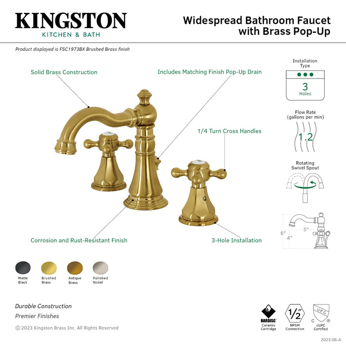 Metropolitan FSC19733BX Two-Handle 3-Hole Deck Mount Widespread Bathroom Faucet with Brass Pop-Up, Antique Brass