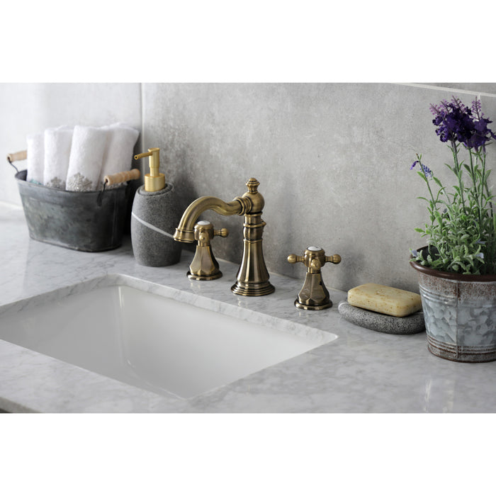 Kingston Heirloom FSC19733BX - Metropolitan Two-Handle 3-Hole Deck Mount Widespread Bathroom Faucet with Brass Pop-Up, Antique Brass