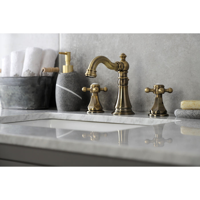Kingston Heirloom FSC19733BX - Metropolitan Two-Handle 3-Hole Deck Mount Widespread Bathroom Faucet with Brass Pop-Up, Antique Brass