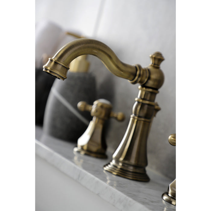 Kingston Heirloom FSC19733BX - Metropolitan Two-Handle 3-Hole Deck Mount Widespread Bathroom Faucet with Brass Pop-Up, Antique Brass