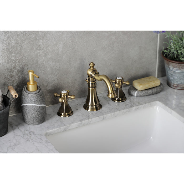 Kingston Heirloom FSC19733BX - Metropolitan Two-Handle 3-Hole Deck Mount Widespread Bathroom Faucet with Brass Pop-Up, Antique Brass