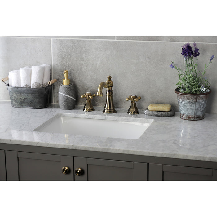 Kingston Heirloom FSC19733BX - Metropolitan Two-Handle 3-Hole Deck Mount Widespread Bathroom Faucet with Brass Pop-Up, Antique Brass