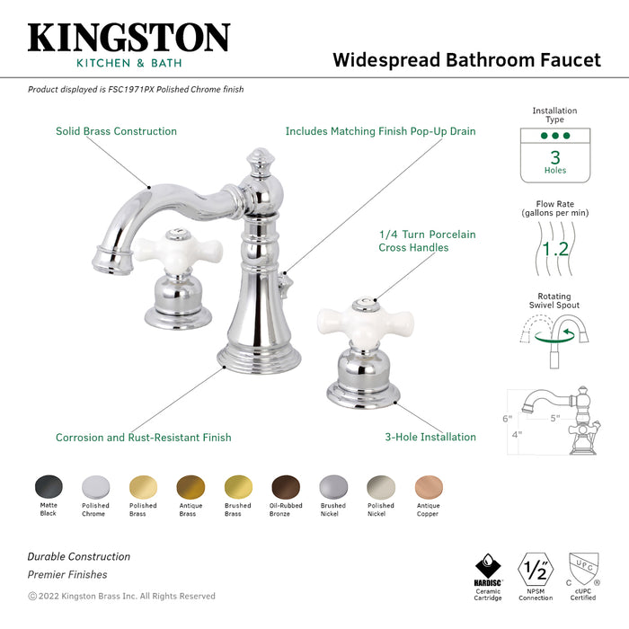 Kingston Heirloom FSC19733PX - American Classic Two-Handle 3-Hole Deck Mount Widespread Bathroom Faucet with Brass Pop-Up, Antique Brass