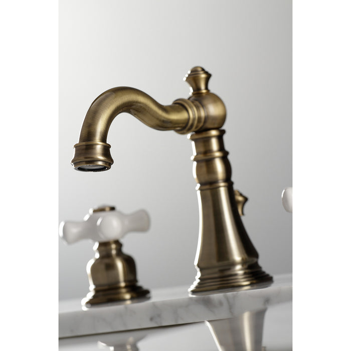 Kingston Heirloom FSC19733PX - American Classic Two-Handle 3-Hole Deck Mount Widespread Bathroom Faucet with Brass Pop-Up, Antique Brass